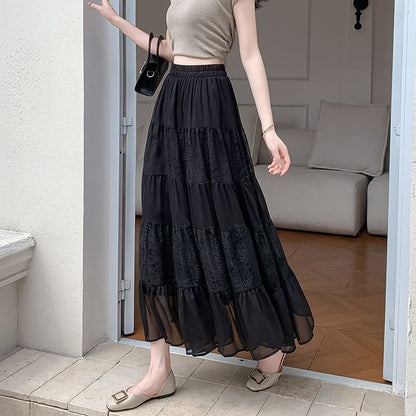 Tiered Lace Midi Skirt with Comfortable Elastic Waist
