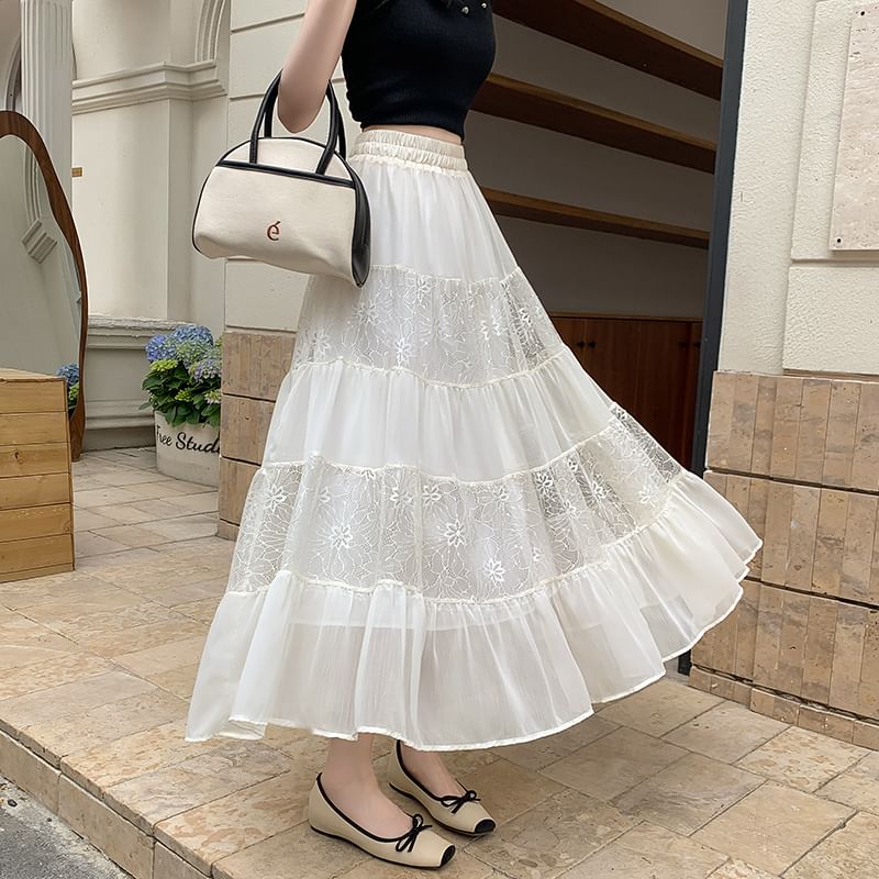 Tiered Lace Midi Skirt with Comfortable Elastic Waist