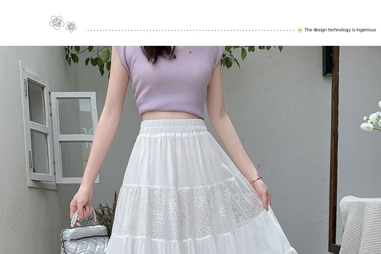Tiered Lace Midi Skirt with Comfortable Elastic Waist