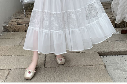 Tiered Lace Midi Skirt with Comfortable Elastic Waist