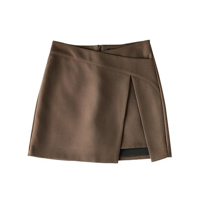 Asymmetrical Slit Mini Skirt in Plain High Waist Style