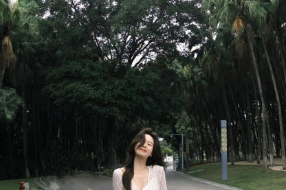 Lace V-Neck Spaghetti Strap A-Line Dress Jacket