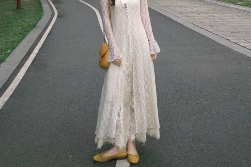 Lace V-Neck Spaghetti Strap A-Line Dress Jacket