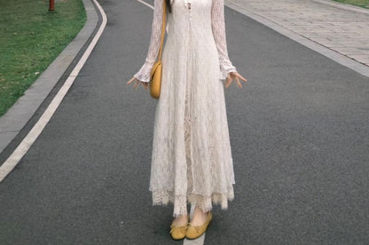 Lace V-Neck Spaghetti Strap A-Line Dress Jacket