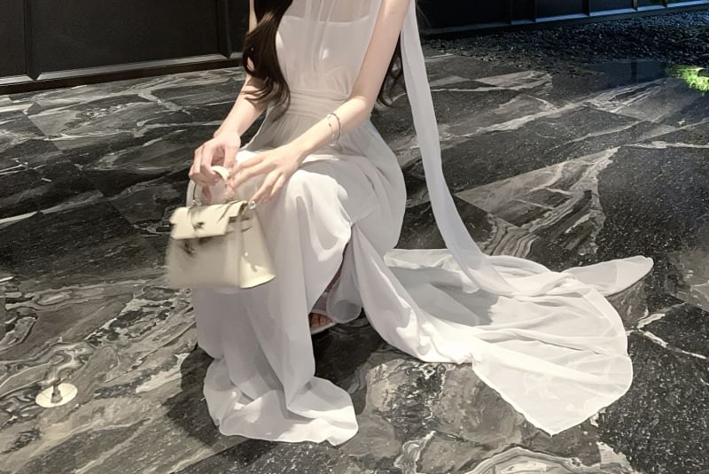 Mesh Slit Mock Neck Sleeveless A-Line Maxi Dress