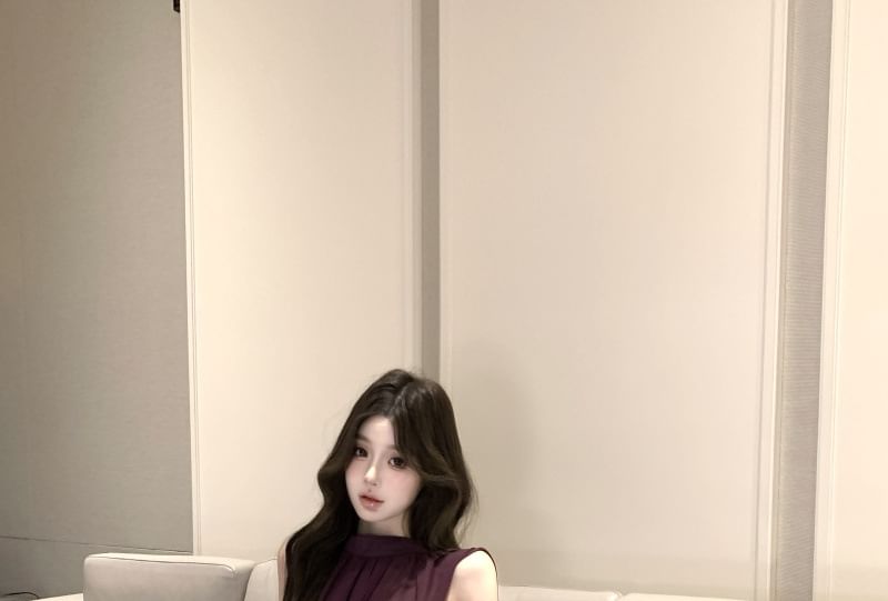 Mesh Slit Mock Neck Sleeveless A-Line Maxi Dress