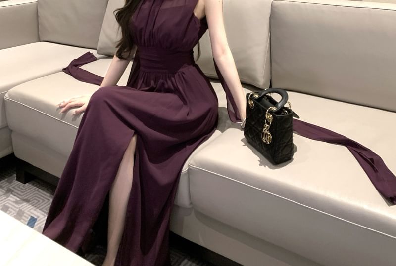 Mesh Slit Mock Neck Sleeveless A-Line Maxi Dress