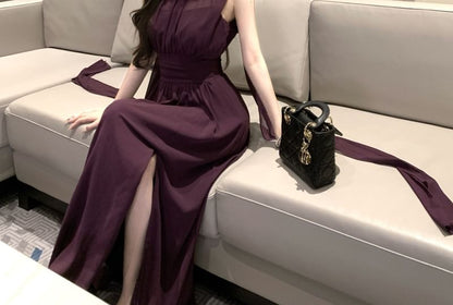 Mesh Slit Mock Neck Sleeveless A-Line Maxi Dress