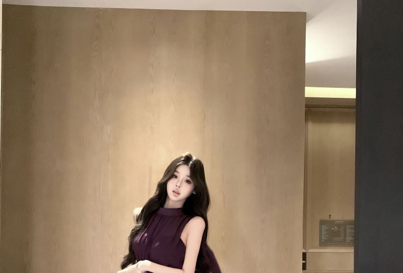 Mesh Slit Mock Neck Sleeveless A-Line Maxi Dress
