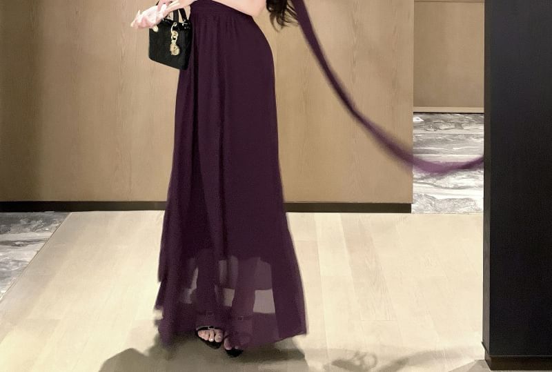 Mesh Slit Mock Neck Sleeveless A-Line Maxi Dress