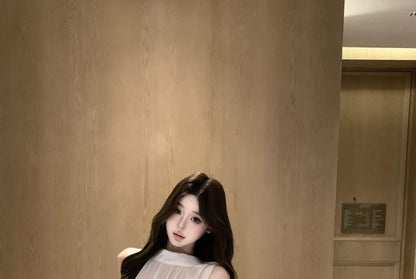 Mesh Slit Mock Neck Sleeveless A-Line Maxi Dress