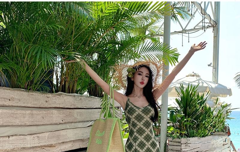 Plaid Bodycon Midi Dress with Spaghetti Straps