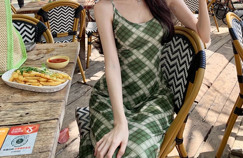Plaid Bodycon Midi Dress with Spaghetti Straps