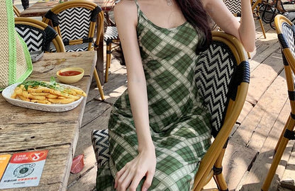 Plaid Bodycon Midi Dress with Spaghetti Straps