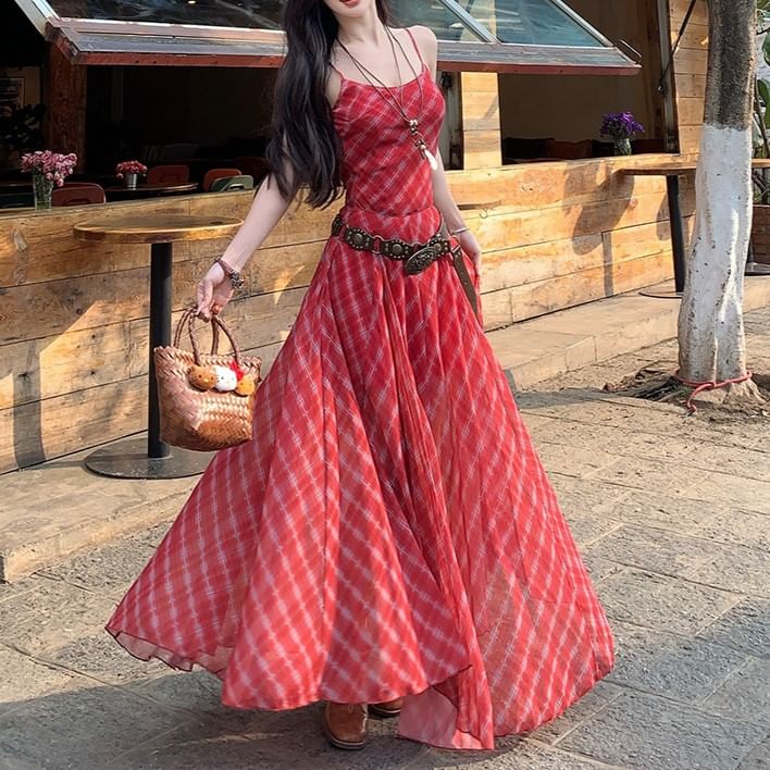 Plaid Spaghetti Strap A-Line Maxi Dress