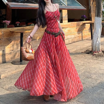 Plaid Spaghetti Strap A-Line Maxi Dress