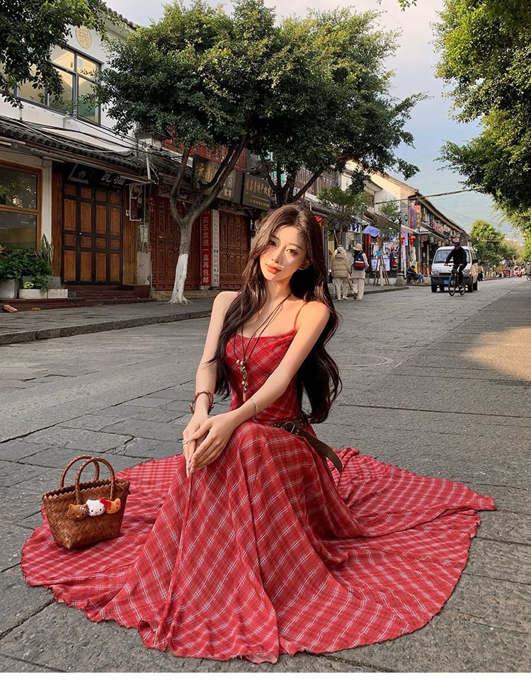 Plaid Spaghetti Strap A-Line Maxi Dress