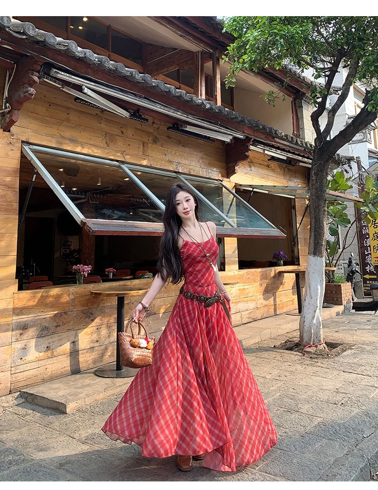 Plaid Spaghetti Strap A-Line Maxi Dress