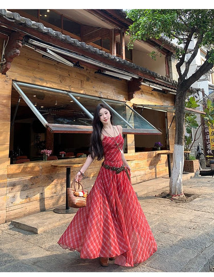 Plaid Spaghetti Strap A-Line Maxi Dress