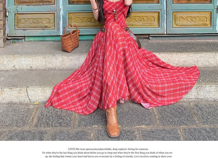 Plaid Spaghetti Strap A-Line Maxi Dress