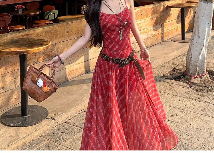 Plaid Spaghetti Strap A-Line Maxi Dress