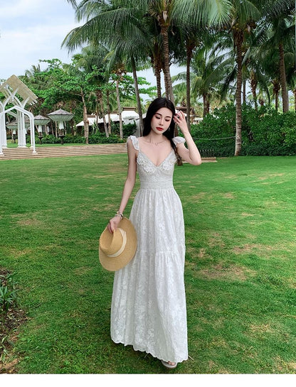 Tiered Lace Cap-Sleeve A-Line Maxi Dress