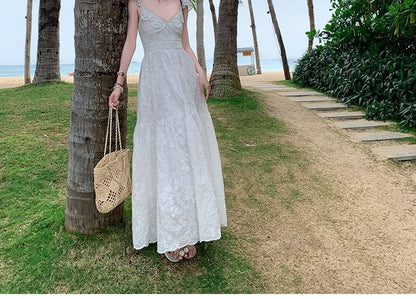 Tiered Lace Cap-Sleeve A-Line Maxi Dress