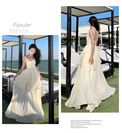 Asymmetrical Plain Spaghetti Strap A-Line Maxi Dress