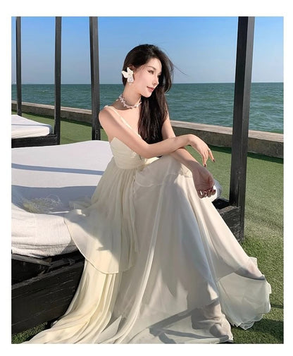 Asymmetrical Plain Spaghetti Strap A-Line Maxi Dress