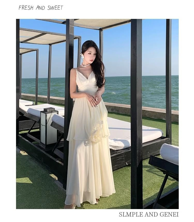 Asymmetrical Plain Spaghetti Strap A-Line Maxi Dress