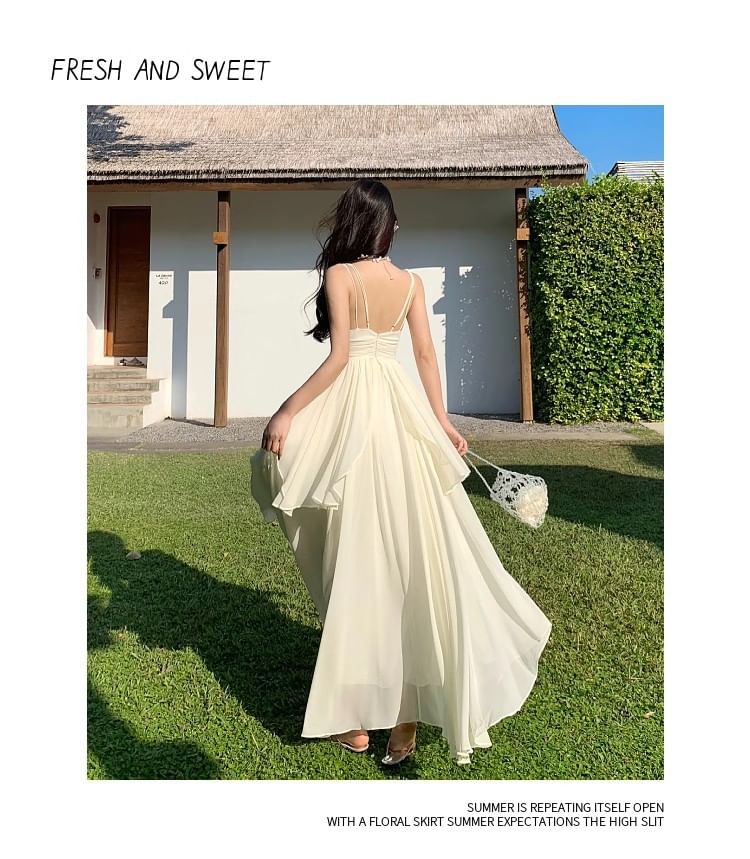 Asymmetrical Plain Spaghetti Strap A-Line Maxi Dress