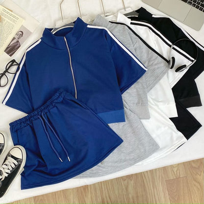 Striped Crop Jacket with Side Zip and Matching Mini Skirt Set