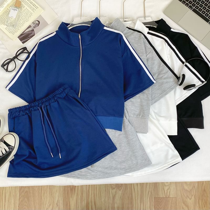 Striped Crop Jacket with Side Zip and Matching Mini Skirt Set