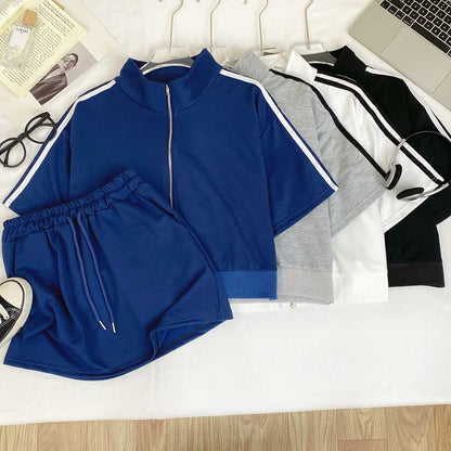 Striped Crop Jacket with Side Zip and Matching Mini Skirt Set
