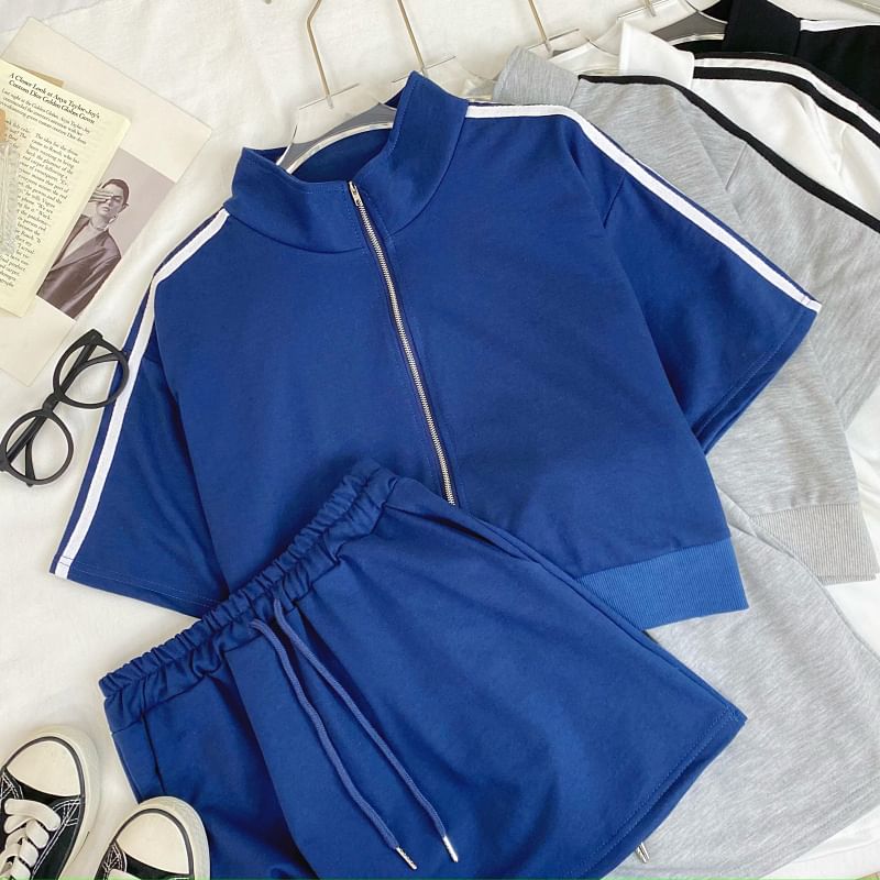 Striped Crop Jacket with Side Zip and Matching Mini Skirt Set