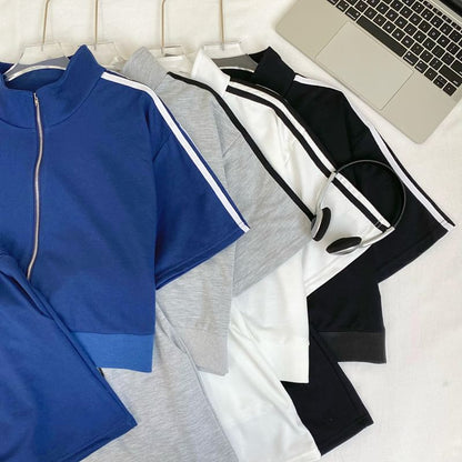 Striped Crop Jacket with Side Zip and Matching Mini Skirt Set