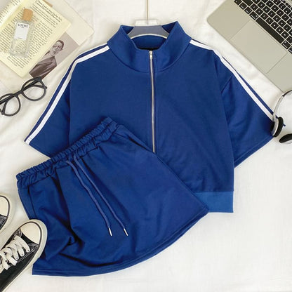 Striped Crop Jacket with Side Zip and Matching Mini Skirt Set