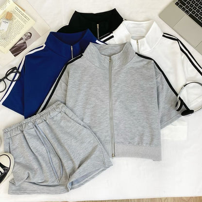 Striped Crop Jacket with Side Zip and Matching Mini Skirt Set