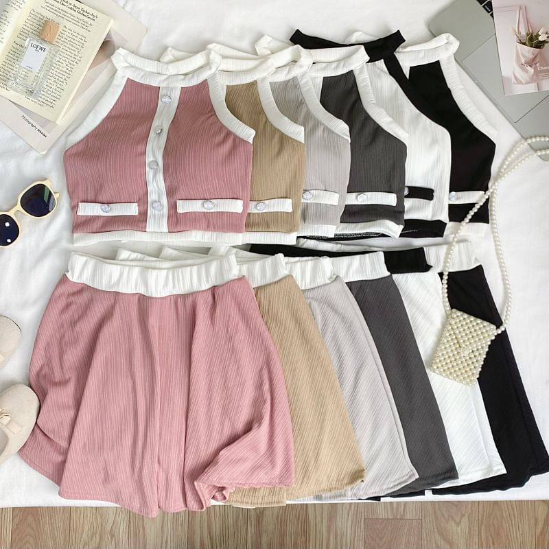 Two-Tone Sleeveless Crop Top Paired with A-Line Mini Skirt