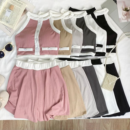 Two-Tone Sleeveless Crop Top Paired with A-Line Mini Skirt