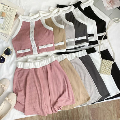 Two-Tone Sleeveless Crop Top Paired with A-Line Mini Skirt