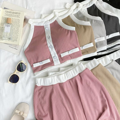 Two-Tone Sleeveless Crop Top Paired with A-Line Mini Skirt
