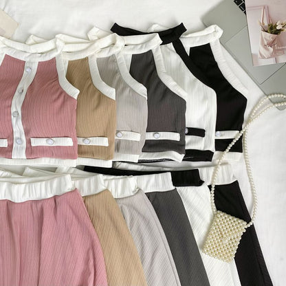 Two-Tone Sleeveless Crop Top Paired with A-Line Mini Skirt