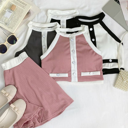 Two-Tone Sleeveless Crop Top Paired with A-Line Mini Skirt