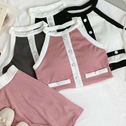 Two-Tone Sleeveless Crop Top Paired with A-Line Mini Skirt