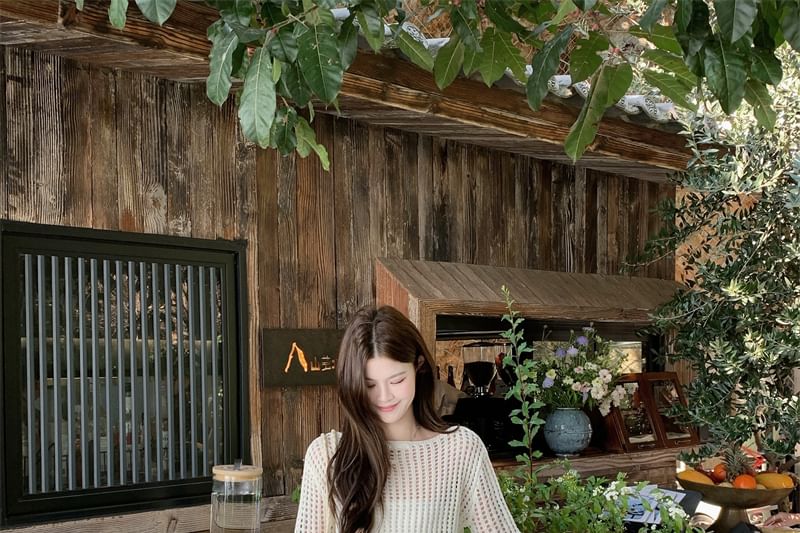 Pointelle Knit Long-Sleeve Top with Belt and Maxi Skirt Set