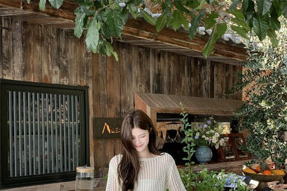 Pointelle Knit Long-Sleeve Top with Belt and Maxi Skirt Set