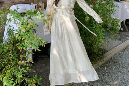 Pointelle Knit Long-Sleeve Top with Belt and Maxi Skirt Set