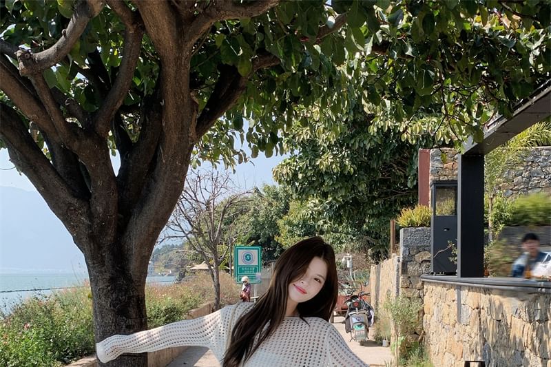 Pointelle Knit Long-Sleeve Top with Belt and Maxi Skirt Set