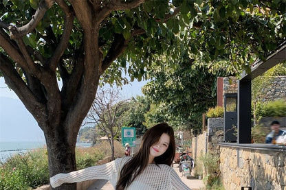 Pointelle Knit Long-Sleeve Top with Belt and Maxi Skirt Set